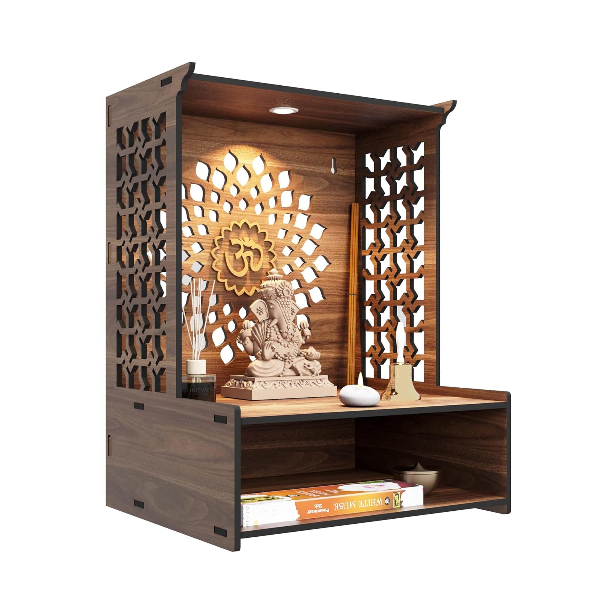 Puzzle Berry Wall Mounted Wooden Pooja Mandir for Home & Office with LED Spot Light, Big Size Temple, Pooja Stand with Door, Devghar, God Temple for Home, Wall Shelf, (Mandir Design 2)