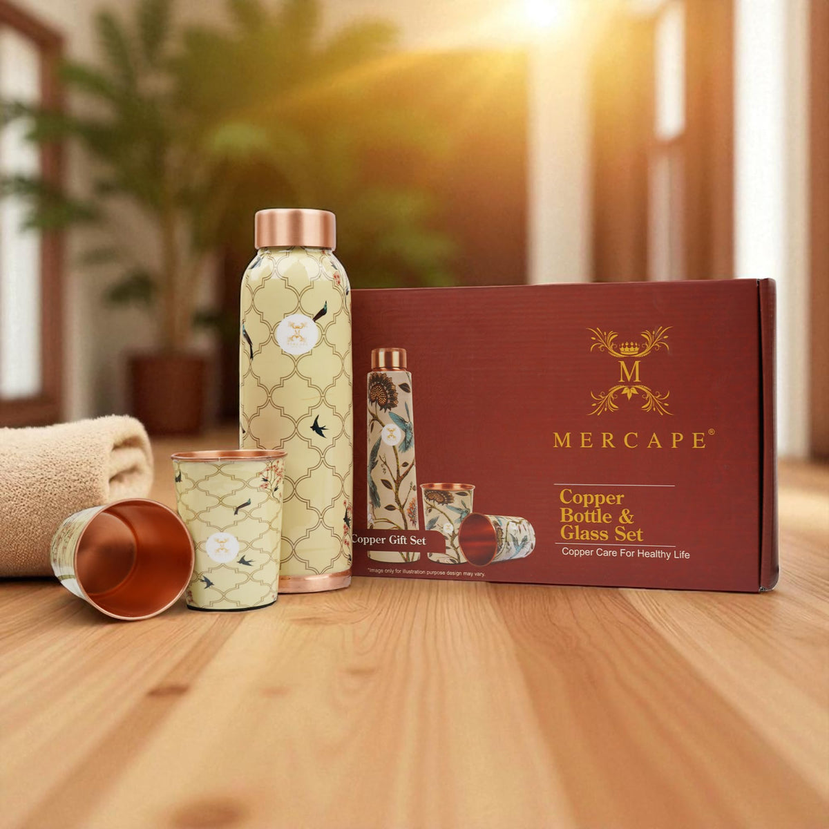 MERCAPE Vintage Swallow Meena Print Pure Copper Water Bottle 950 ml with 2 Copper Glasses (300 ml Each) | Printed Copper Bottle & Glass Set | Suitable for Home, Office & Gifting