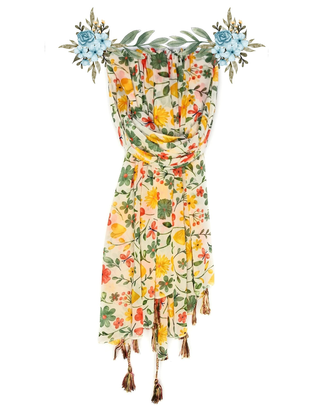 Chandwasia Fashion Floral Printed Scarf | Neck Shoulder Head Wrap Styling Dupatta Use | Polyester Chiffon Fabric Tassel Border Lightweight Pattern Women - Cream