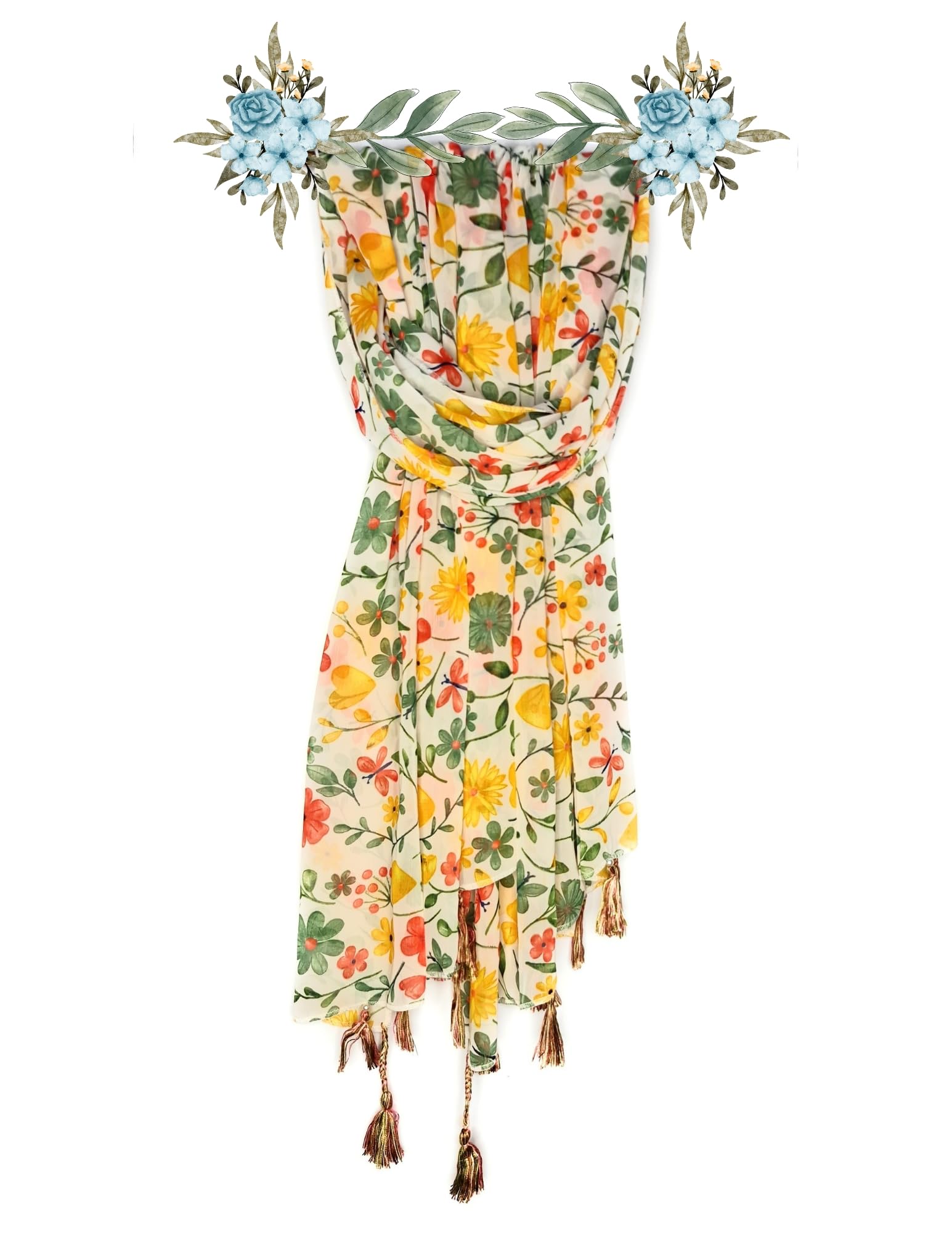 Chandwasia Fashion Floral Printed Scarf | Neck Shoulder Head Wrap Styling Dupatta Use | Polyester Chiffon Fabric Tassel Border Lightweight Pattern Women - Cream