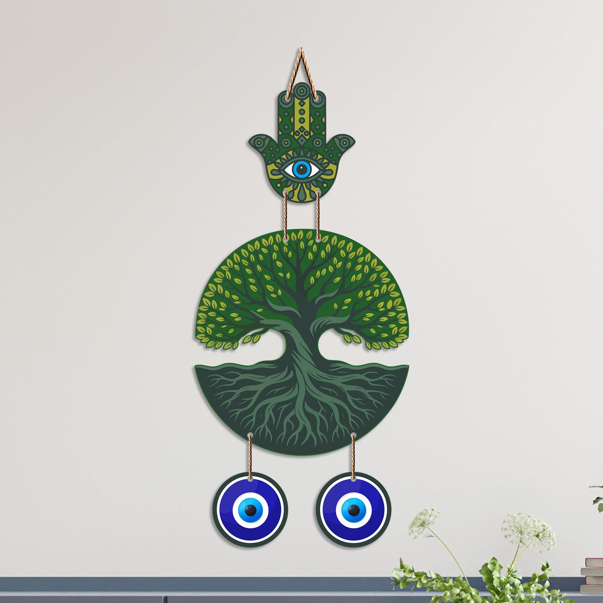 Artvibes Green Tree of Life Evil Eye Wall Decor for Main Door Entrance | Nazar Suraksha Hanging for Home Living Room Office | Vastu Feng Shui Positive Energy Decorative Gift Item (WH_85124N)