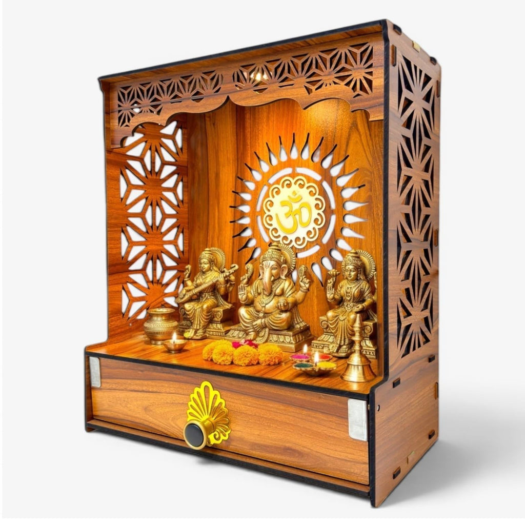 Heartily® Shree Wooden Home Temple Stand with Storage Door Pooja Mandir for Home & Office with LED Spotlight & Magnetic Lock | 2 Feet Height