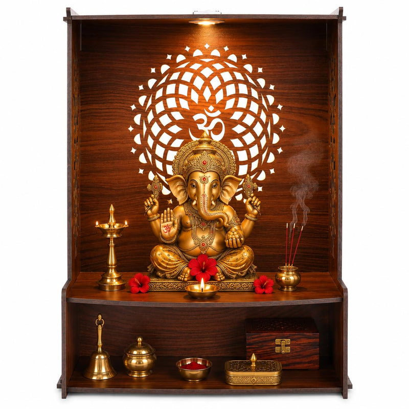 KATHORWARES Wooden Wall Mount Temple for Home with LED Spot Light | Pooja Mandir Stand for Home | Puja Mandir with Lock System & Hanging Hole | Decorative Temple for Home & Office/Shop