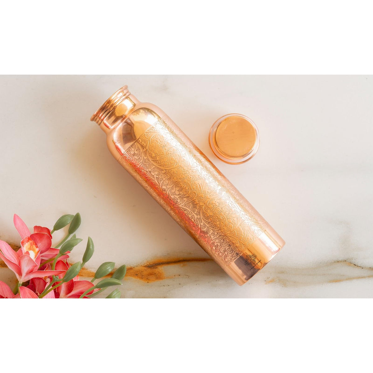 INDIAN ART VILLA Pure Copper Water Bottle with Floral Vines Embossed Design, Drinkware, Storage Purpose, Volume-1000 ML, Pack of 1