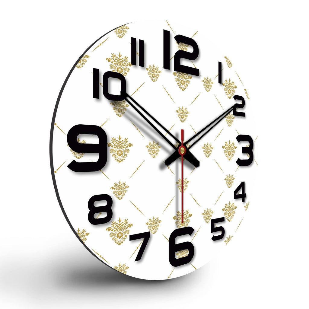 VIBECRAFTS Golden Floral Pattern Wooden Wall Clock for Home Decor, Office, Living Room, Bedroom, Cafe's, Gifts (WWCVC1Pcs_15054)