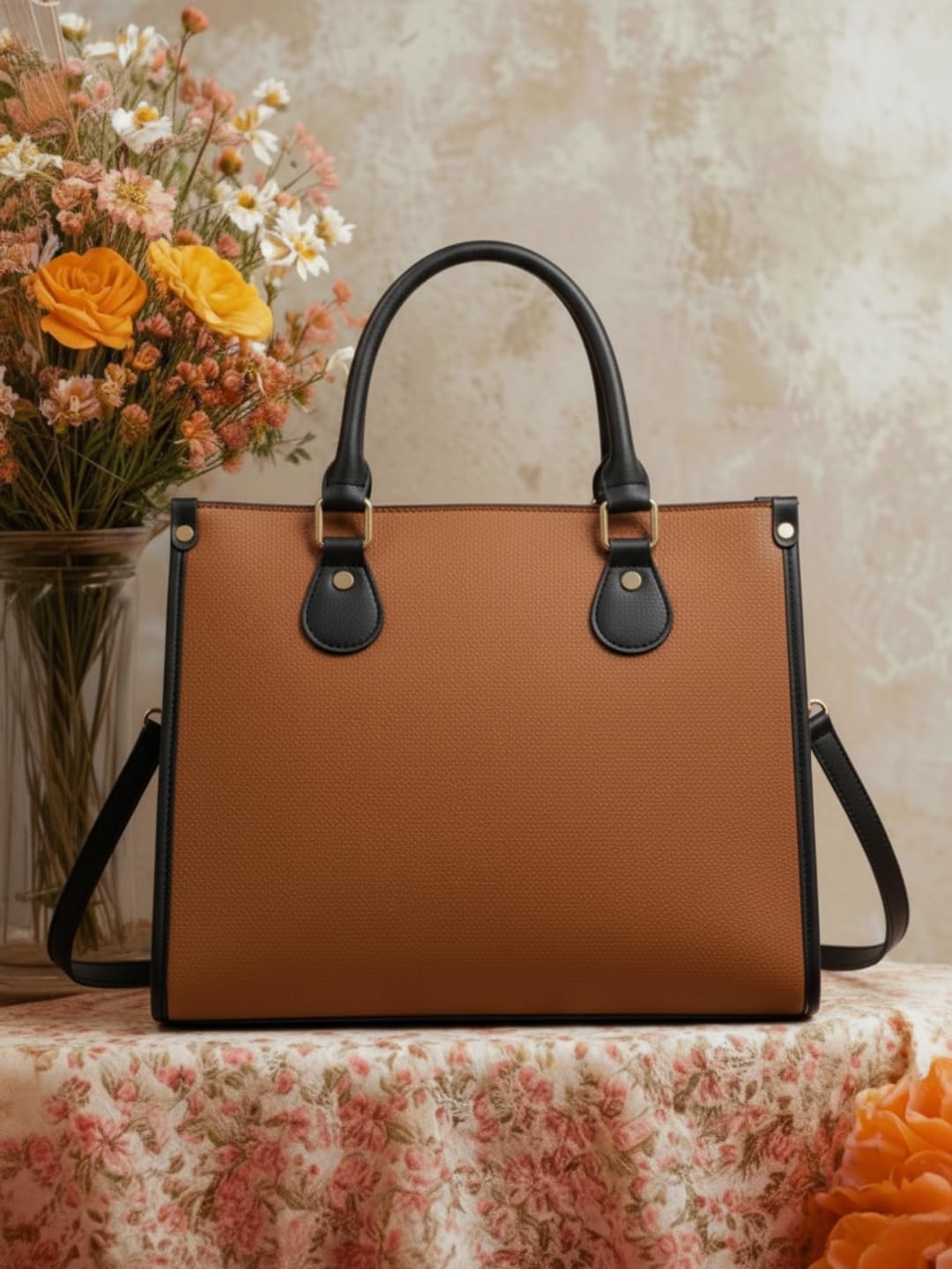 LIKE STYLE Women’s PU Tote Bag with Mandala Design | Laptop Compartment Shoulder & Crossbody Handbag | Office Work & Daily Use Large Tote (Tan)