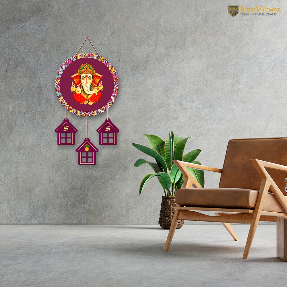 Artvibes Lord Ganesha Auspicious Wooden Art Work Wall Hanging For Good Luck Properity Vastu | Spiritual Decor Items | Paintings | Wall Poster| Stylish Modern Decor Item | Gift Items (WH_7204N)