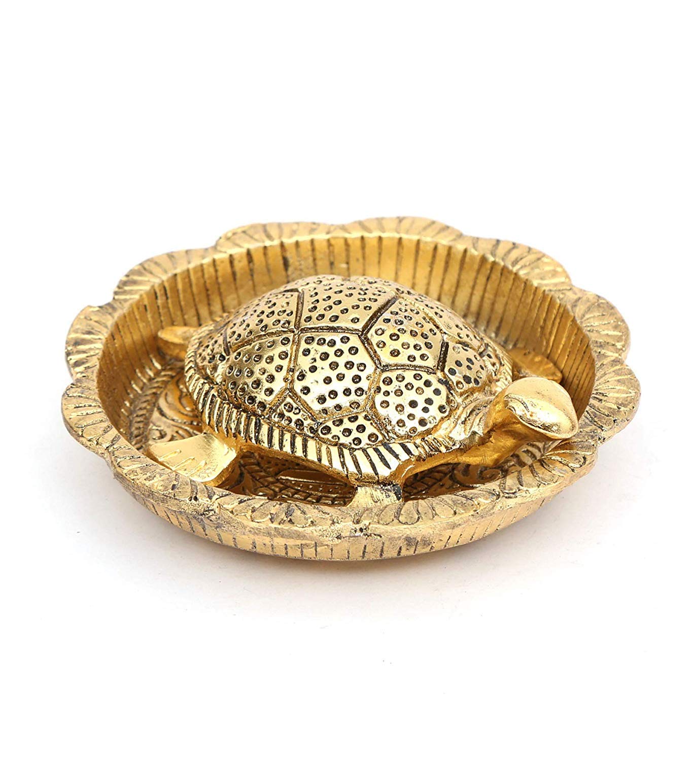 Prince Home Decor & Gifts Metal Feng Shui Tortoise On Plate Showpiece Golden Finish