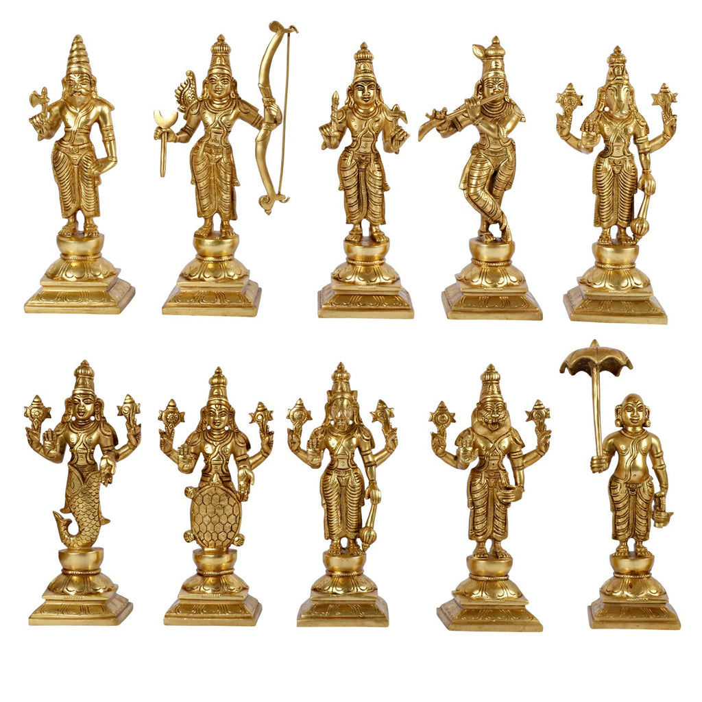 ARTVARKO Brass Dashavatara Dasavatharam of Lord Vishnu Statues Ten Incarnations Avatars Idol Murti for Mandir Puja Temple Height 9.5 Inches