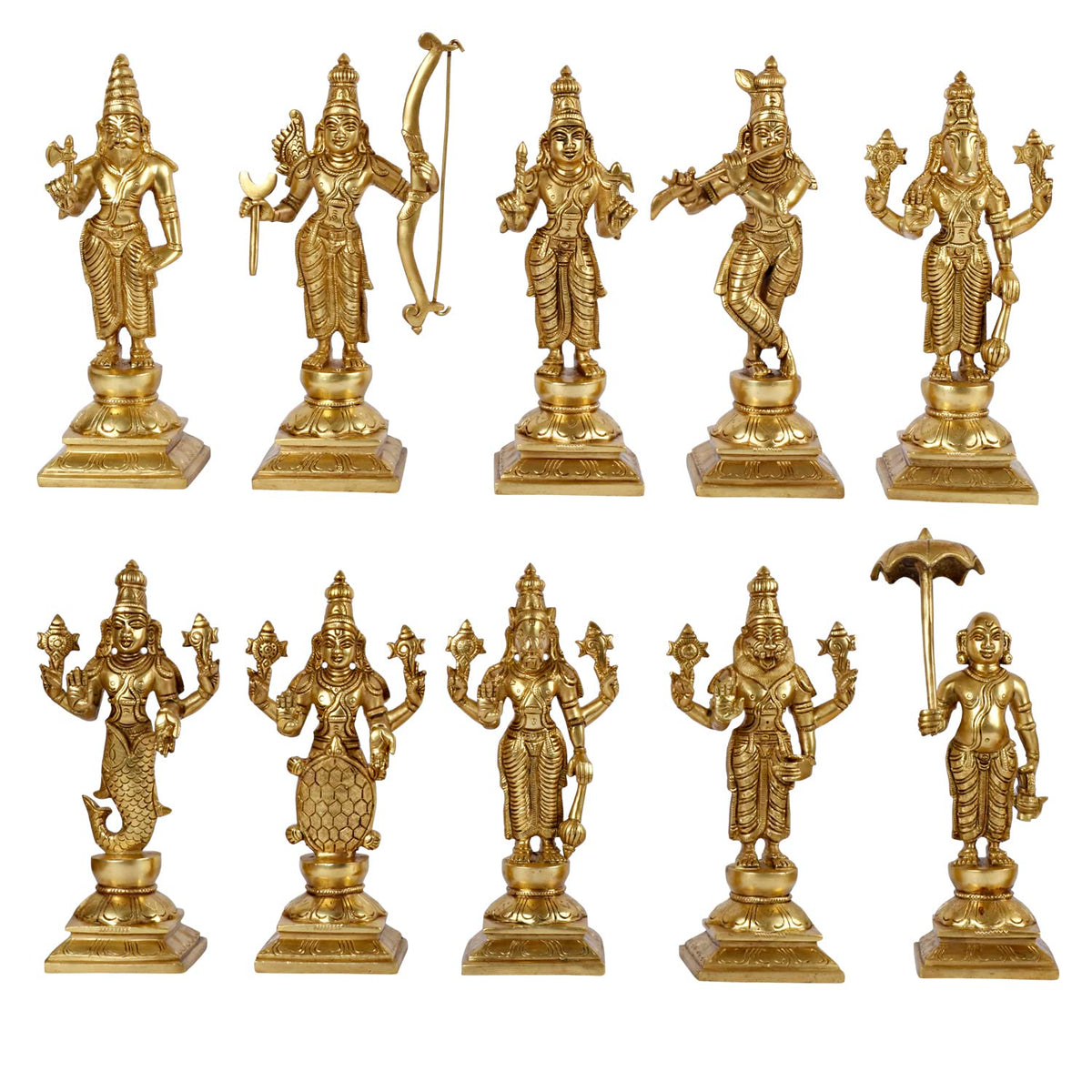 ARTVARKO Brass Dashavatara Dasavatharam of Lord Vishnu Statues Ten Incarnations Avatars Idol Murti for Mandir Puja Temple Height 9.5 Inches