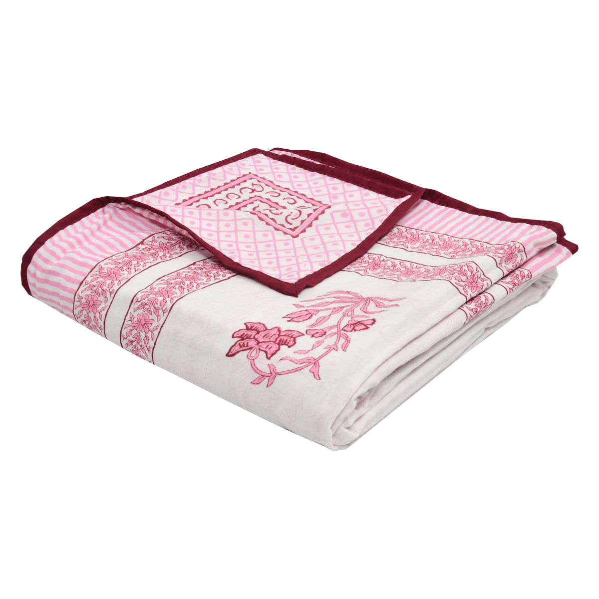 BLOCKS OF INDIA Hand Block Printed Cotton Single Size Reversible Malmal Dohar for Summer (Maroon Leaf)| TC - 200 Kafalo