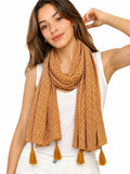 Women's Boho Scarf, Mustard Yellow, Chevron Zigzag Print with Tassel Ends
