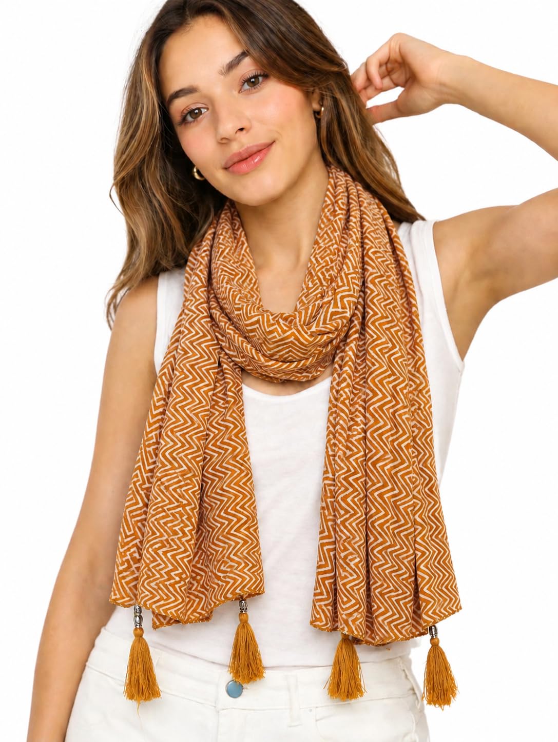 Women's Boho Scarf, Mustard Yellow, Chevron Zigzag Print with Tassel Ends