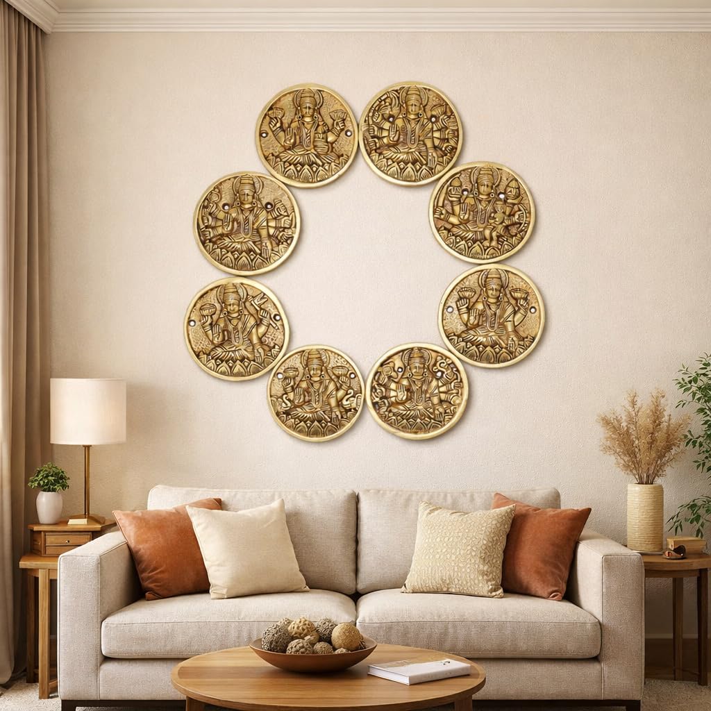 ARTVARKO Brass Ashtalakshmi Laxmi Set of 8 Pcs Ashta Lakshmi Wall Door Hanging Luxmi for Home Office Décor Gift (Each Idol 9x9 cm)