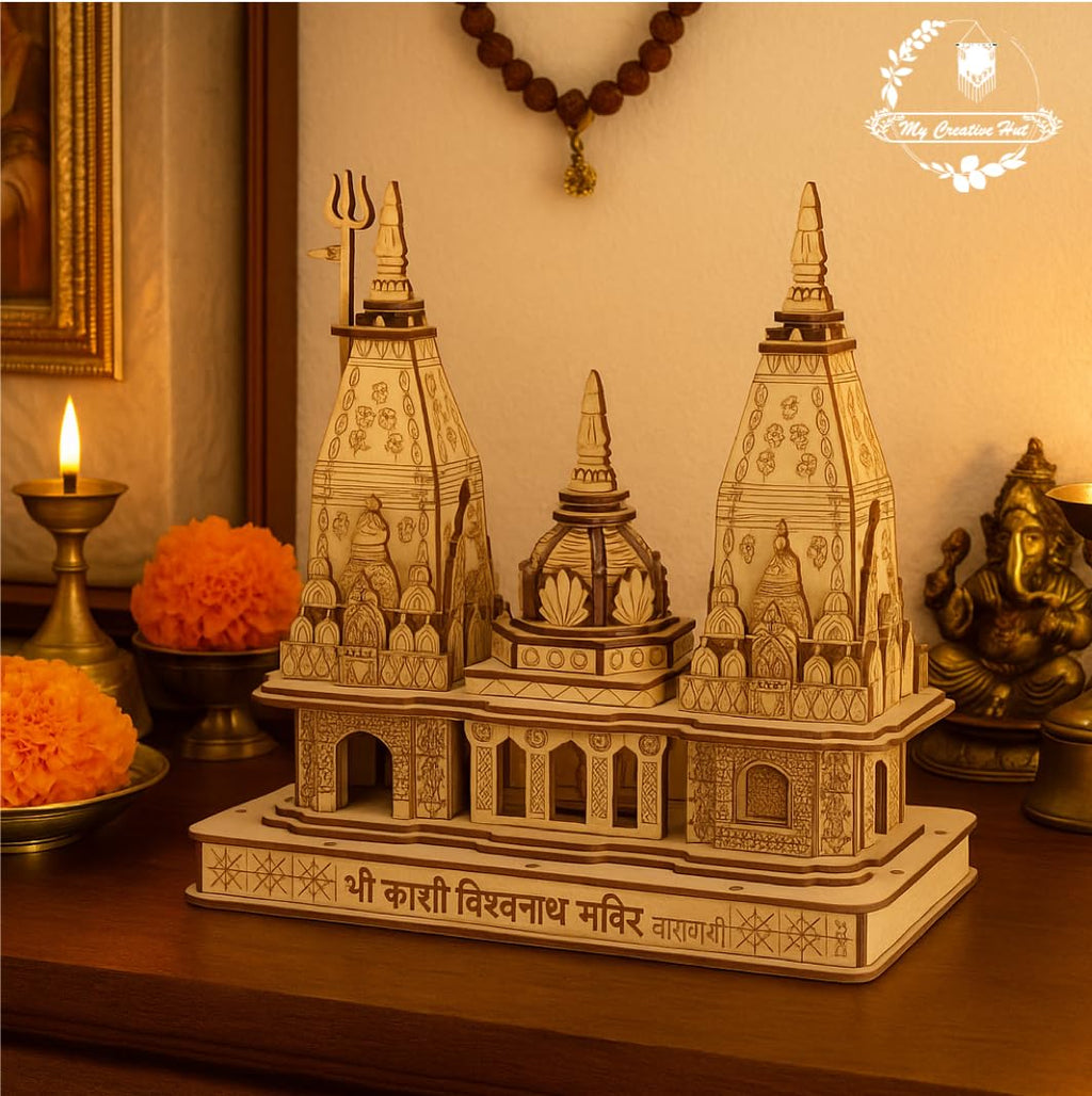 My Creative Hut Shri Kashi Vishwanath Temple 3D Replica Wooden Model - Made in Kashi (12cm, 7cm, 18cm) - for Home, Office, Puja Ghar, Diwali, Vaastu Decor