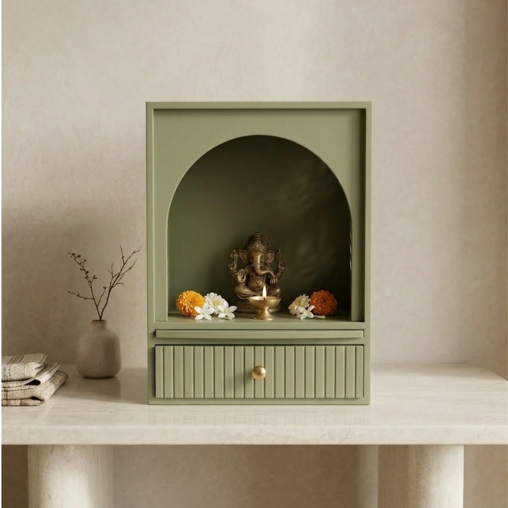 Home Sparkle Wooden Temple for Home | Premium MDF Pooja Mandir with Paint Finish | Modern Tabletop Mandir with Storage Drawer, Spacious Prayer Shelf | Reed Green