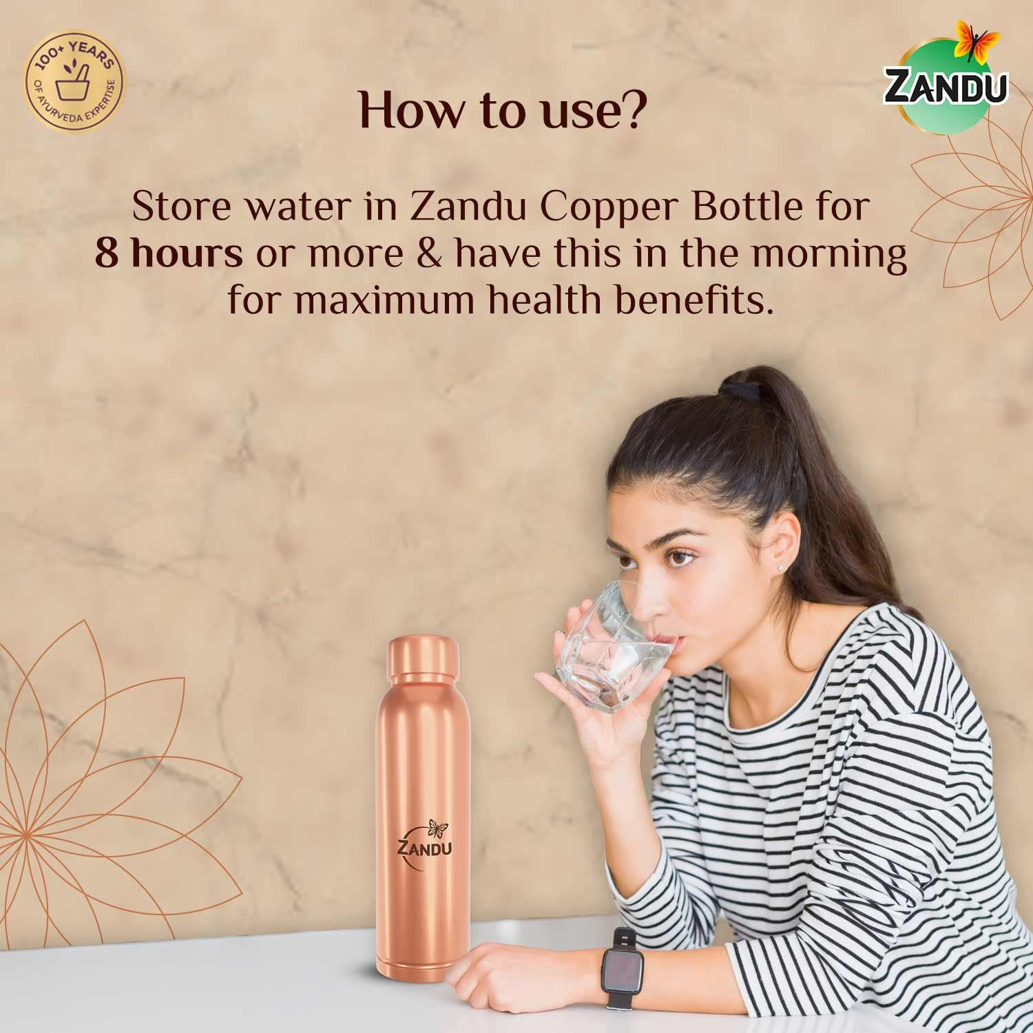 Zandu Copper Bottle (950ml): 100% Pure BPA-Free Water Bottle | Copper-Infused Water | Leak Proof | Office Use | Boosts Immunity | Supports Digestive & Liver Health | Ayurveda Inspired