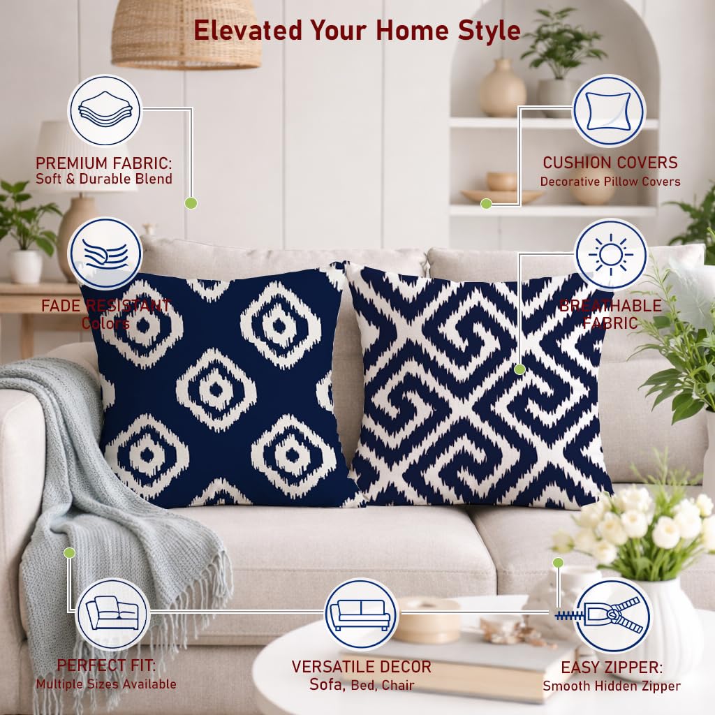 STITCHNEST Set of 2 Polycotton Cushion Covers – 24x24 Inches – Blue & White Ikat Geometric Print – Elegant Cushion Covers for Sofa & Living Room | Perfect for Home Decor