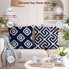 STITCHNEST Set of 2 Polycotton Cushion Covers – 24x24 Inches – Blue & White Ikat Geometric Print – Elegant Cushion Covers for Sofa & Living Room | Perfect for Home Decor