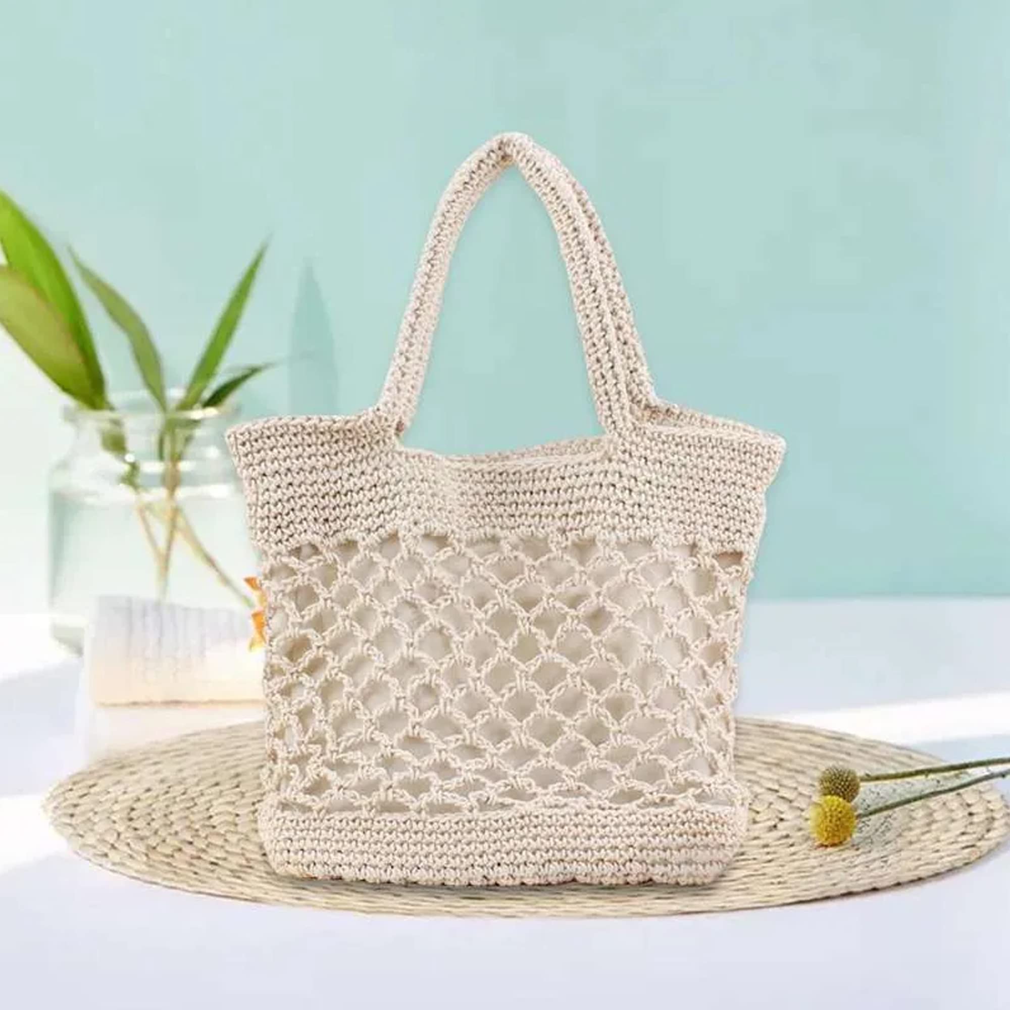 NiCoLa Beach Bag for Women Black Handbag Cotton Tote Bags with Hollow Out Design for Beach Hiking Holiday Travel Outdoor Picnic Daily Use, White, 12.6inch