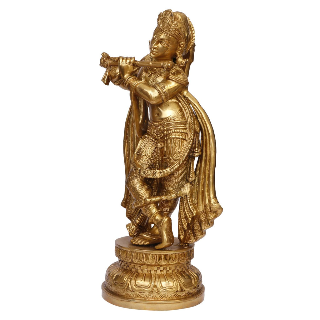 ARTVARKO Pure Brass Lord Bhagwan Krishna Idol Murti with Flute Statue for Home Temple Decor Entrance Gallery Gift 18-inches,
