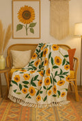 JutiePie Cotton Woven Throw Blanket with Tassels for Sofa, Bed & Couch | 3 Seater | 52x75 Inch Yellow & Green Floral Design | Soft, Lightweight, Breathable Coverlet for Living Room, All Season Use Kafalo