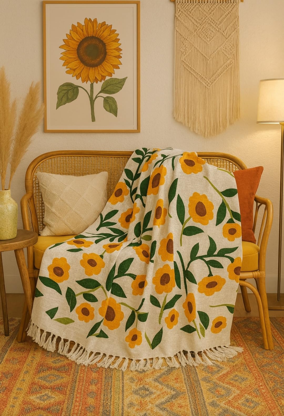 JutiePie Cotton Woven Throw Blanket with Tassels for Sofa, Bed & Couch | 3 Seater | 52x75 Inch Yellow & Green Floral Design | Soft, Lightweight, Breathable Coverlet for Living Room, All Season Use Kafalo