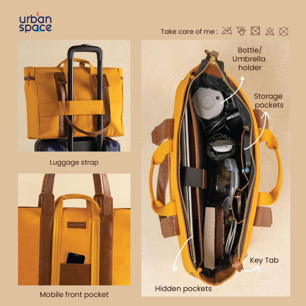 Urban Space Women Tote Bag | Canvas Handbag with Zip closure | Tote Bag for Office | Handcrafted Ladies Shoulder Purse for Office | Laptop bag | Padded Laptop space For Upto 16 - Mustard yellow