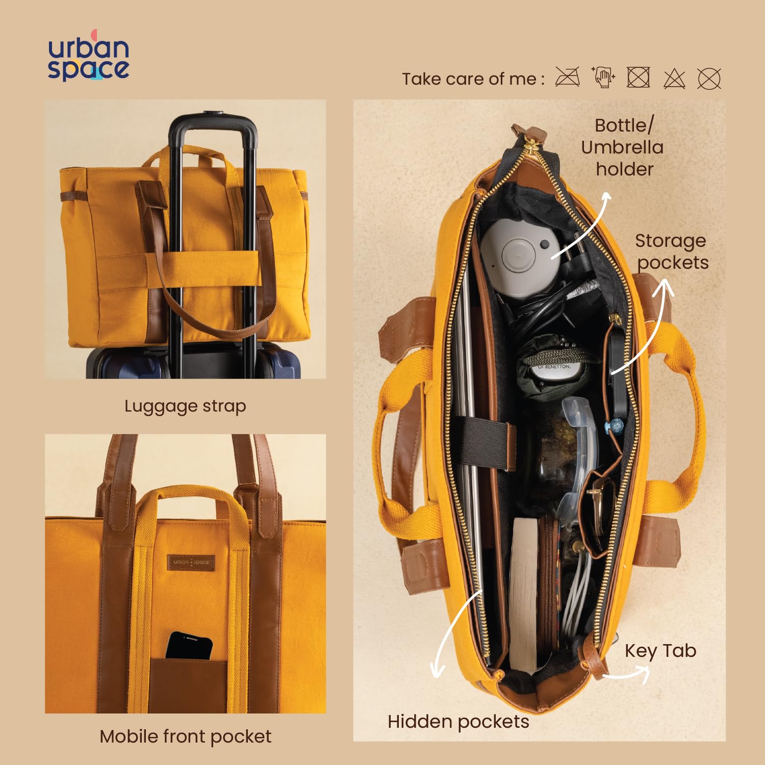 Urban Space Women Tote Bag | Canvas Handbag with Zip closure | Tote Bag for Office | Handcrafted Ladies Shoulder Purse for Office | Laptop bag | Padded Laptop space For Upto 16 - Mustard yellow