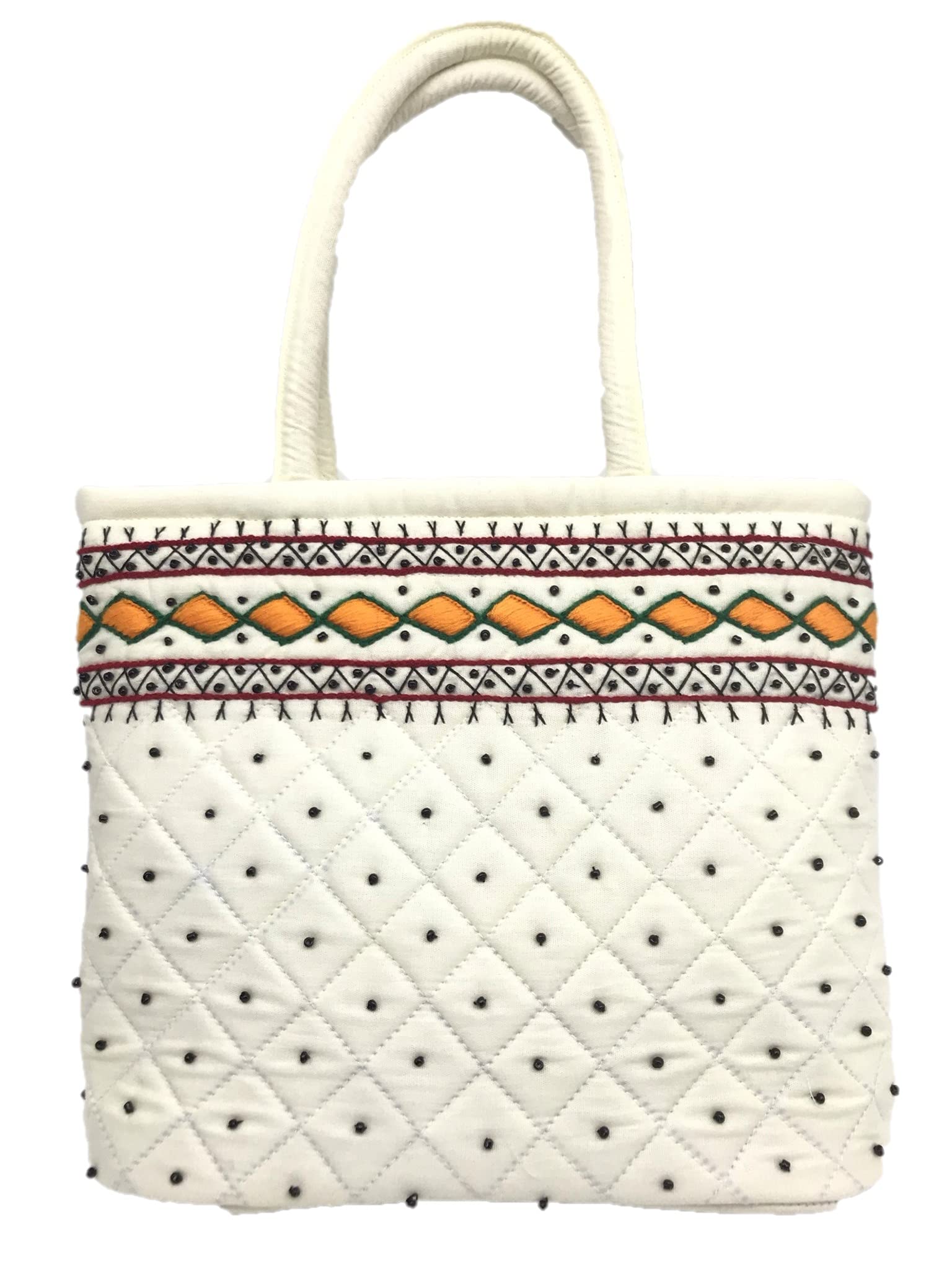 srishopify handicrafts Women Handbag Small Size Banjara Traditional Mini Handle Bag handmade Hand Purse Cotton 9x7x3 Inch Size original Beads Thread Work (white handbag)