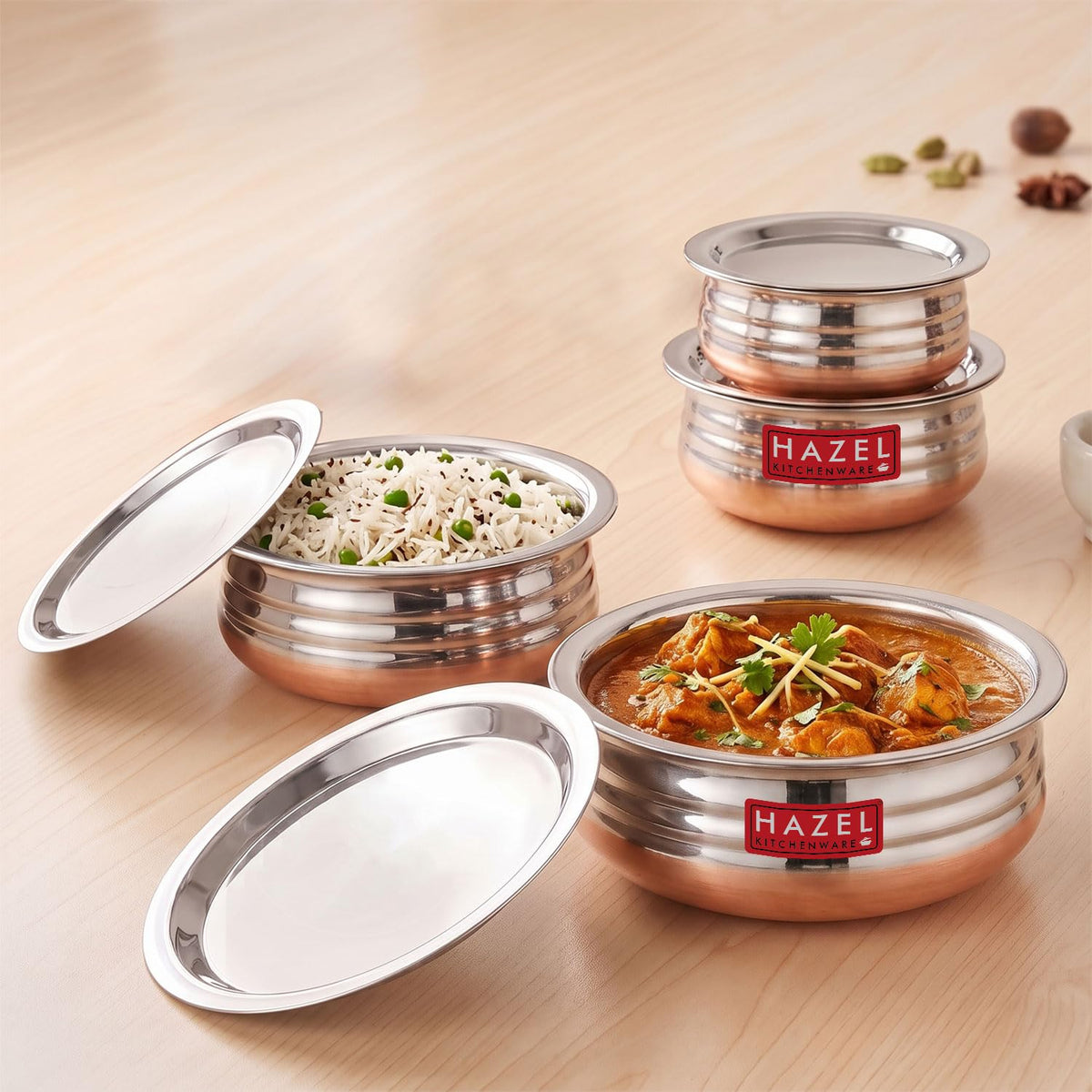 HAZEL Copper Bottom Uruli with Lid | Stainless Steel Biryani Cooking and Serving Pot Set of 4 (800 ML, 1200 ML, 1600 ML, 2000 ML)
