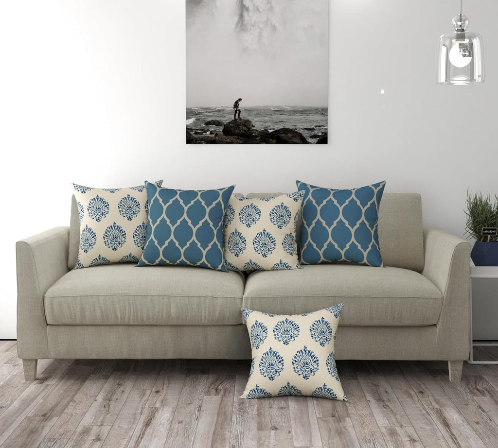 Trance Home Linen Set of 5 Premium 100% Cotton 24x24 inch Cushion Covers Only for Sofa and Diwan | Throw Pillow/24 x 24 Cushion Pillow Covers Only | 60cmx60cm, Damask & Dori Blue – Set of 5