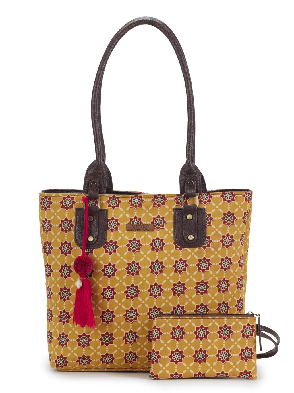 NEPRI Office Pouch Tote Bag | Stylish Set of 2 Tote Bags for Women| Vegan Leather & Handblock Printed Fabric Handbag with Double Handle Shoulder Strap| Daily & Travel Use | WPT-006-13