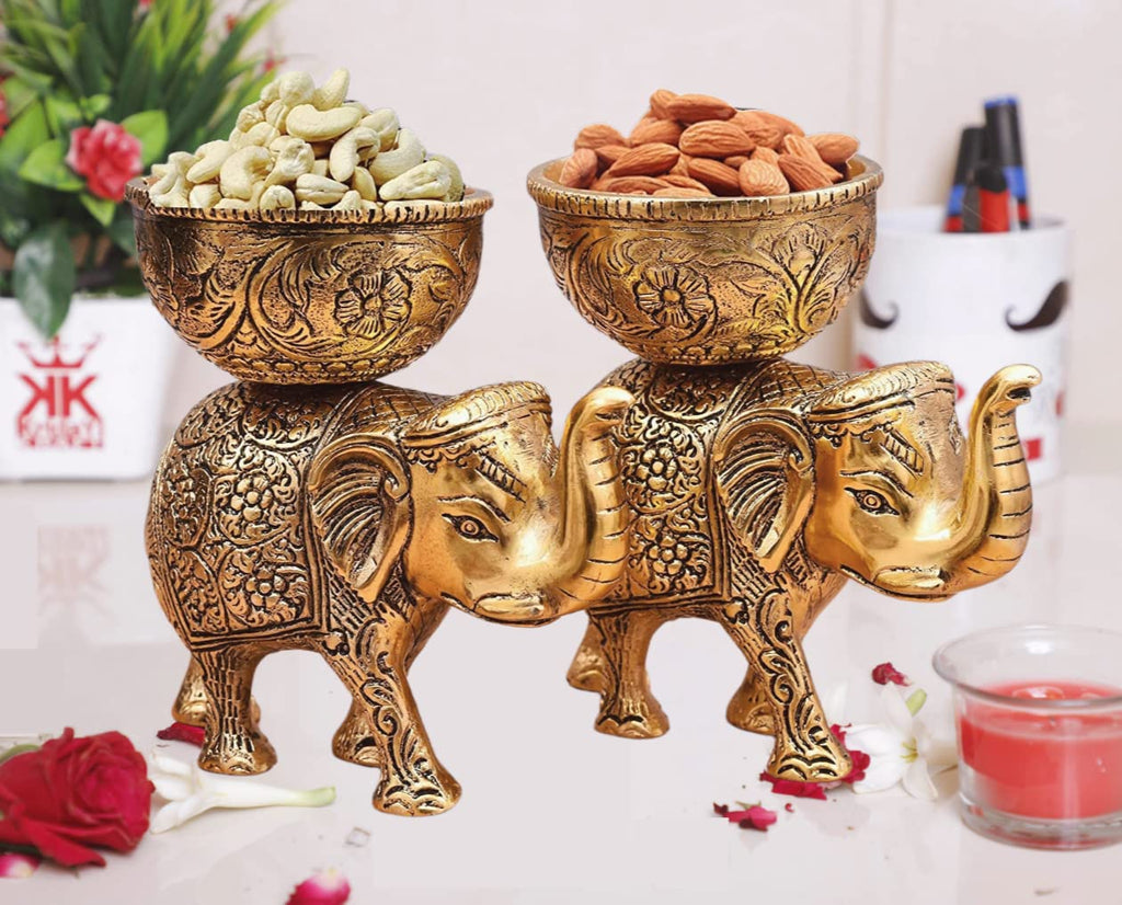 KridayKraft Metal Elephant Dry Fruit Bowl Showpiece Gold Polish for Your Home,Office Table Decorative,Elephant Showpiece Bowl Set (2 Pcs) for Gift,Animal Figurines...