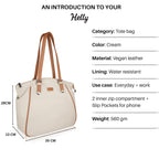 HELLY Women’s Tote Bag | Premium Vegan Leather Handbag | Lightweight Shoulder Bag for Office & Daily Use | Water-Resistant Lining (Cream)