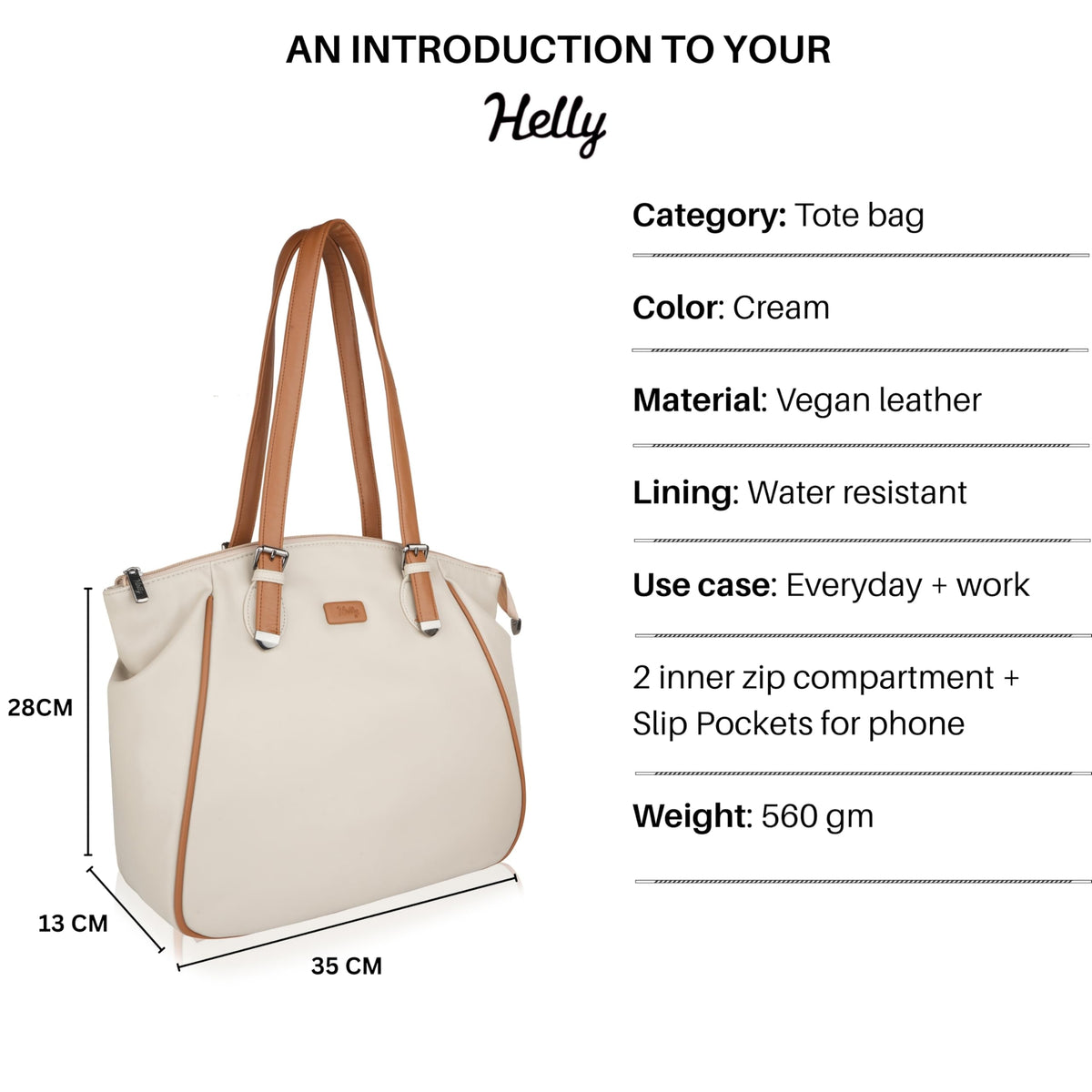 HELLY Women’s Tote Bag | Premium Vegan Leather Handbag | Lightweight Shoulder Bag for Office & Daily Use | Water-Resistant Lining (Cream)