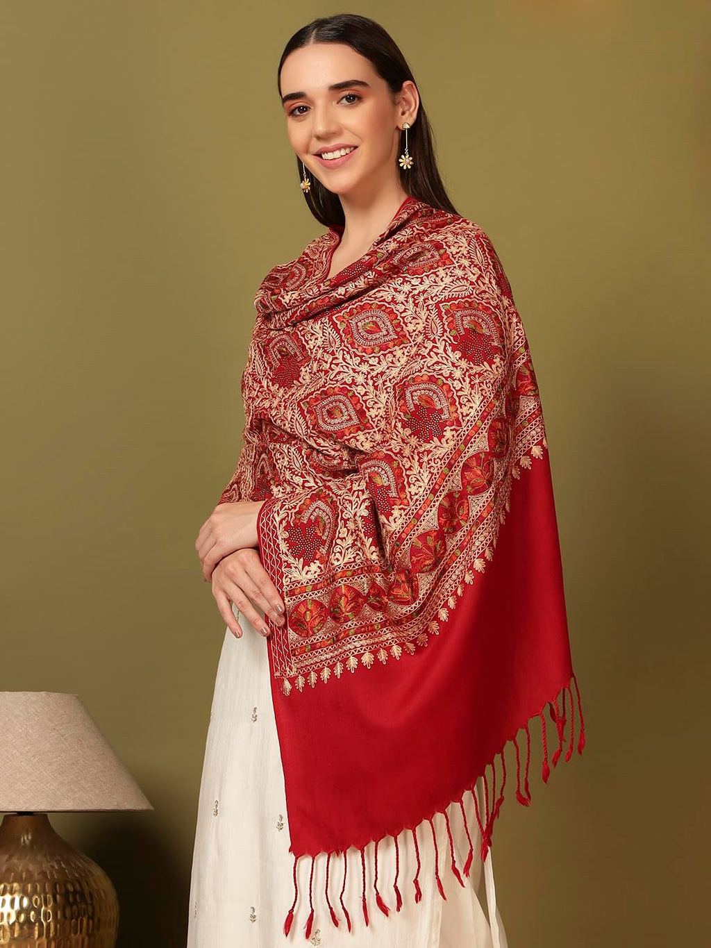 Pashmoda Women Ornate Harmony Fine Wool Nalki Embroidered Stole (Size : 28x80in, 71X203cm) EMST03
