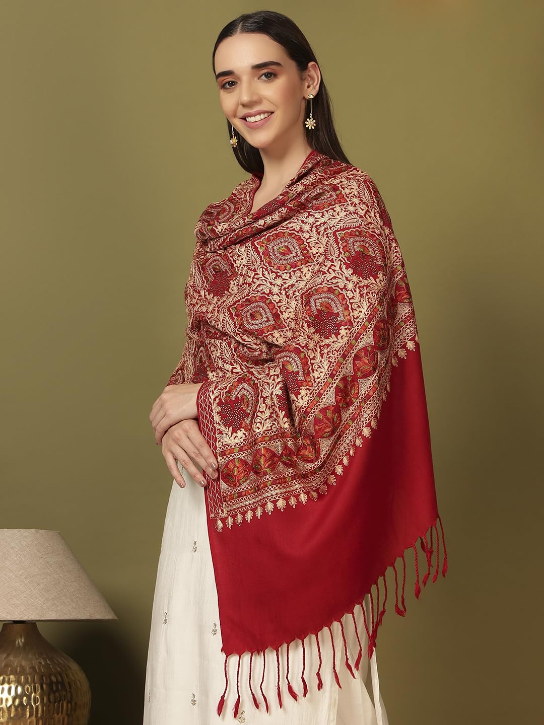 Pashmoda Women Ornate Harmony Fine Wool Nalki Embroidered Stole (Size : 28x80in, 71X203cm) EMST03