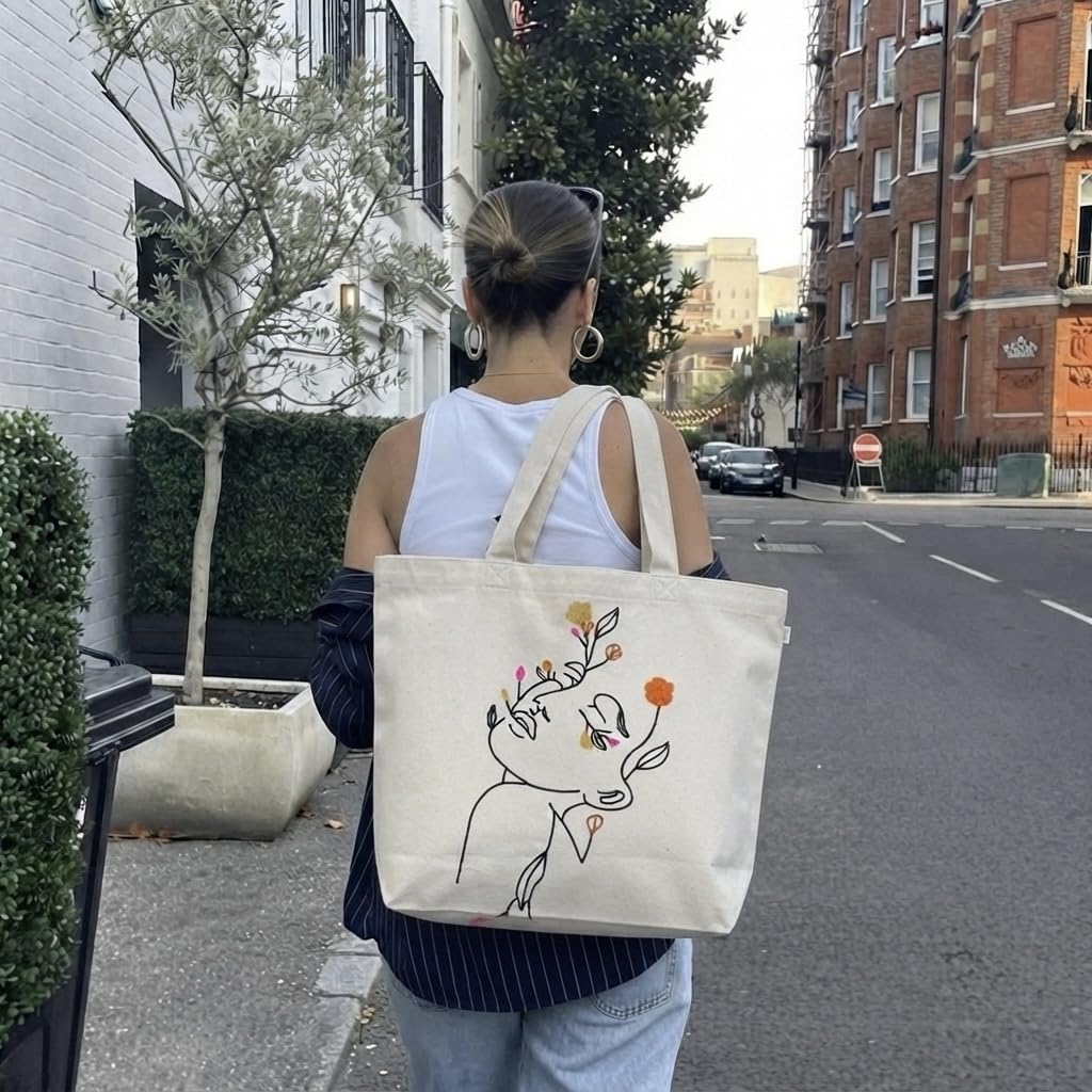 MASQ Premium ToteBag for Women with Zipper | Embroidered Foldable Shoulder Bag with Multiple Pockets | Spacious Handbag for College & Office | Eco-Friendly & Reusable (AP_TB_Girl_Face_01)