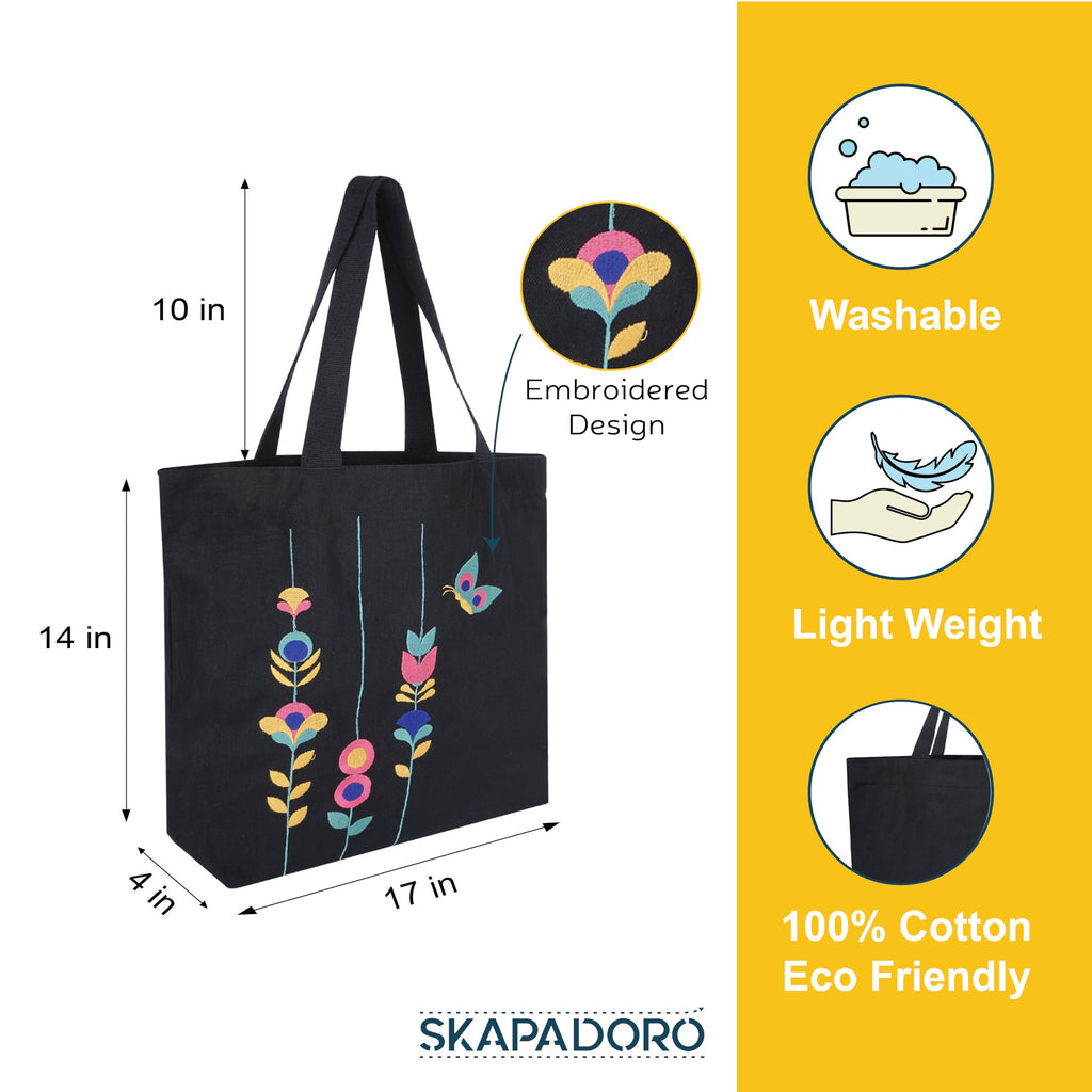 SKAPADORO Canvas Big Zip Handbag Tote,100% Cotton, Inner pocket, Unisex Embroidered Comfortable Bag for Travel Office Beach Shopping, Easy to Wash Trendy Everyday Shoulder Bag (Floral Black)
