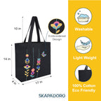 SKAPADORO Canvas Big Zip Handbag Tote,100% Cotton, Inner pocket, Unisex Embroidered Comfortable Bag for Travel Office Beach Shopping, Easy to Wash Trendy Everyday Shoulder Bag (Floral Black)