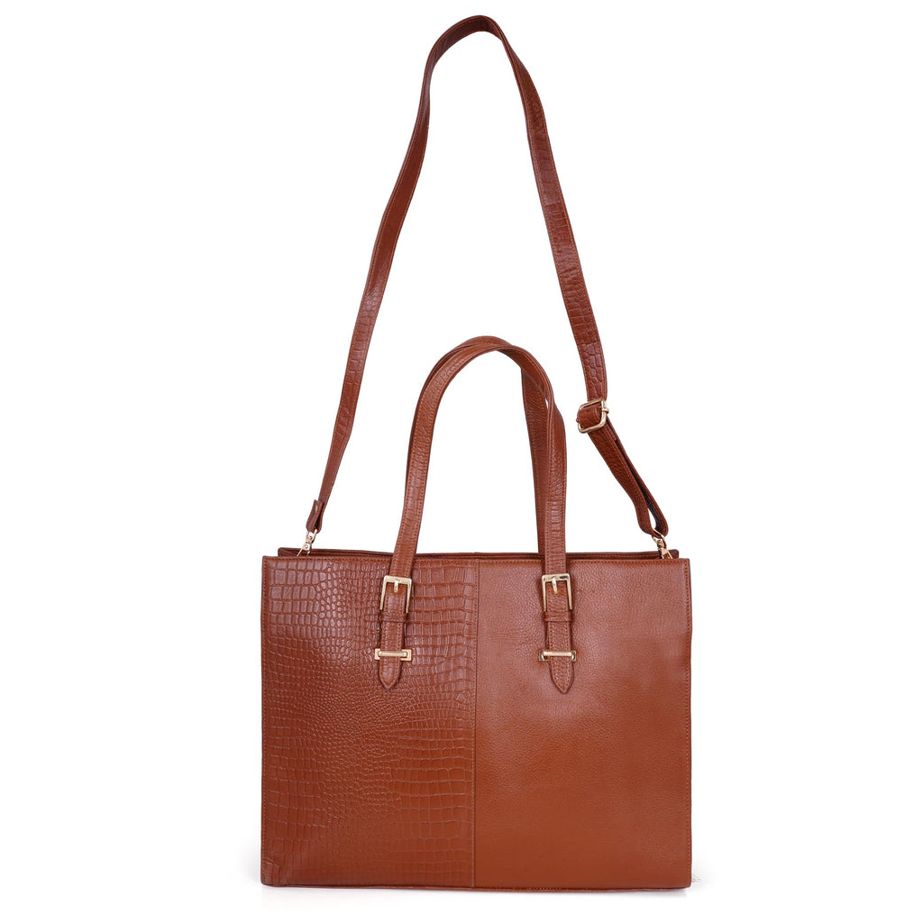 RICHSIGN LEATHER ACCESSORIES Full-Grain Natural Cro Leather Ladies Handbags & Sling Shoulder Tote Bags For Women Laptop Big Size Branded Stylish..Size- L-16 X H-12.5 x W- 5.5 Inches (BROWN)