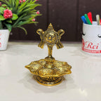 Kridaykraft Metal Tirupati Balaji Panch Mukhi Diya with Chakar Stand Gold Plated for Home and Office Pooja Room Decoration 5 batti Diya