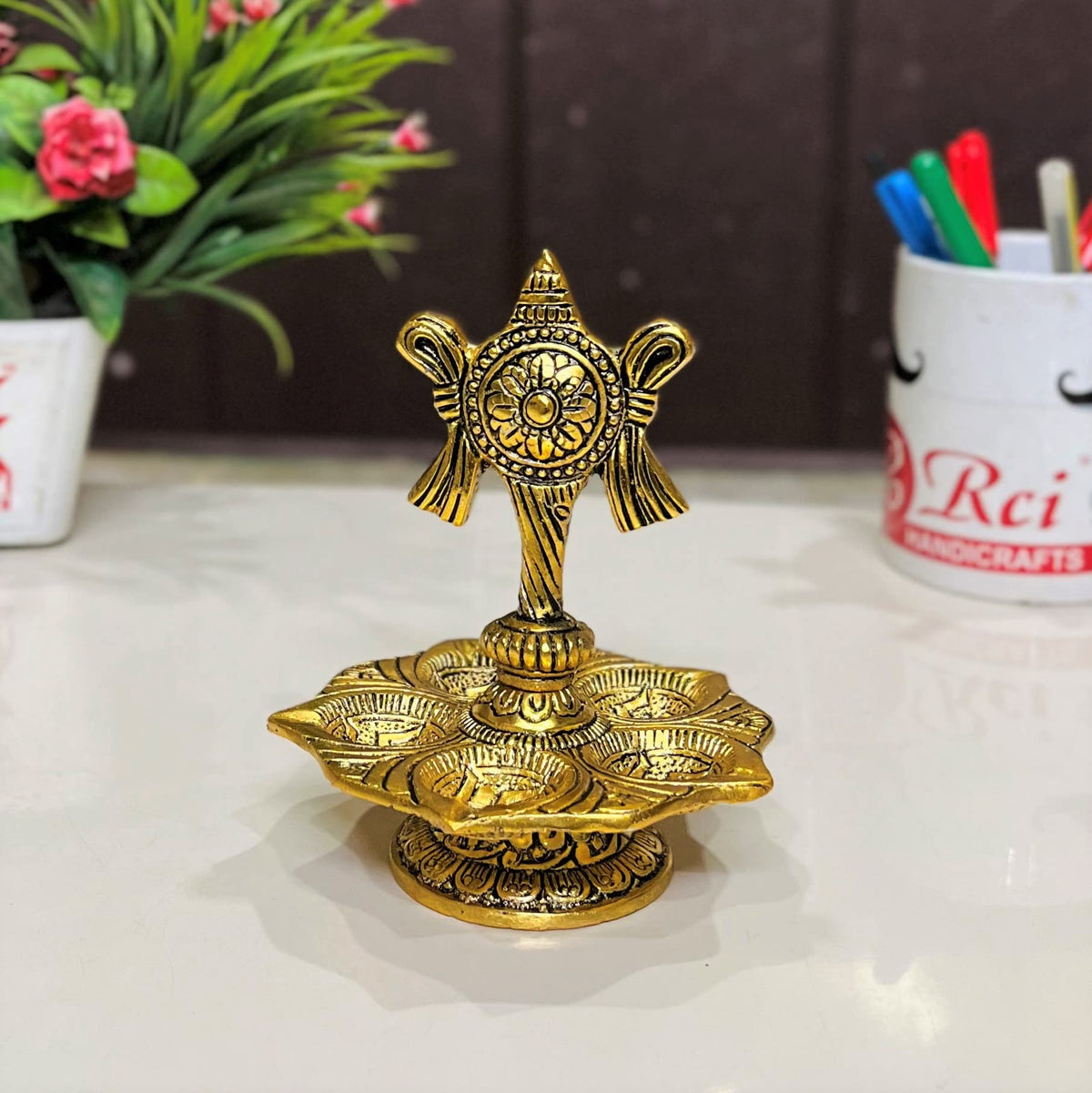 Kridaykraft Metal Tirupati Balaji Panch Mukhi Diya with Chakar Stand Gold Plated for Home and Office Pooja Room Decoration 5 batti Diya