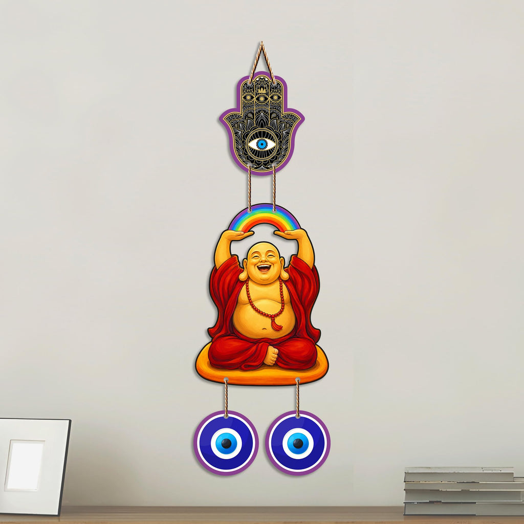Artvibes Rainbow Laughing Buddha Evil Eye Wall Hanging Decor For Living Room | Bedroom | Office | Joy Happiness and Positive Energy Wall Accent | Nazar Battu Ornament for Home Entrance (WH_85145N)