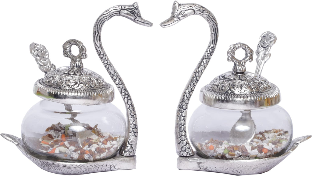 KridayKraft Metal Kissing Swan (Duck) Glass Bowl with Spoon for Saunf Supari Tray, Dry Fruit and Candy,Mukhwas Traditional Serving Bowl Set,Pack of 2 Pieces,Animal Showpiece Figurine & Gifting idol...