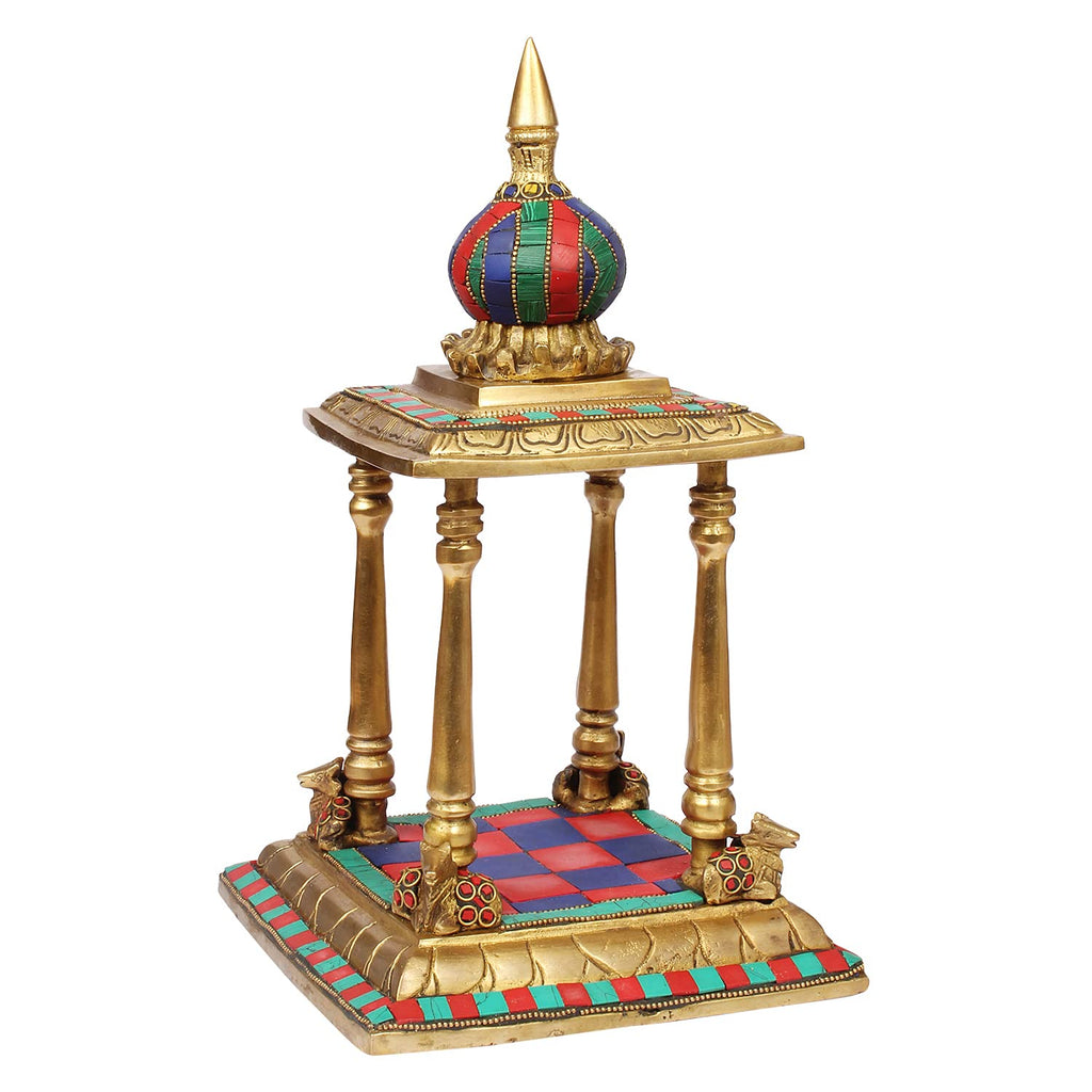 ARTVARKO™ Brass Temple Handcrafted Multicolor Gemstone for Goddess Pooja Ghar Mandir Height 13 Inch.
