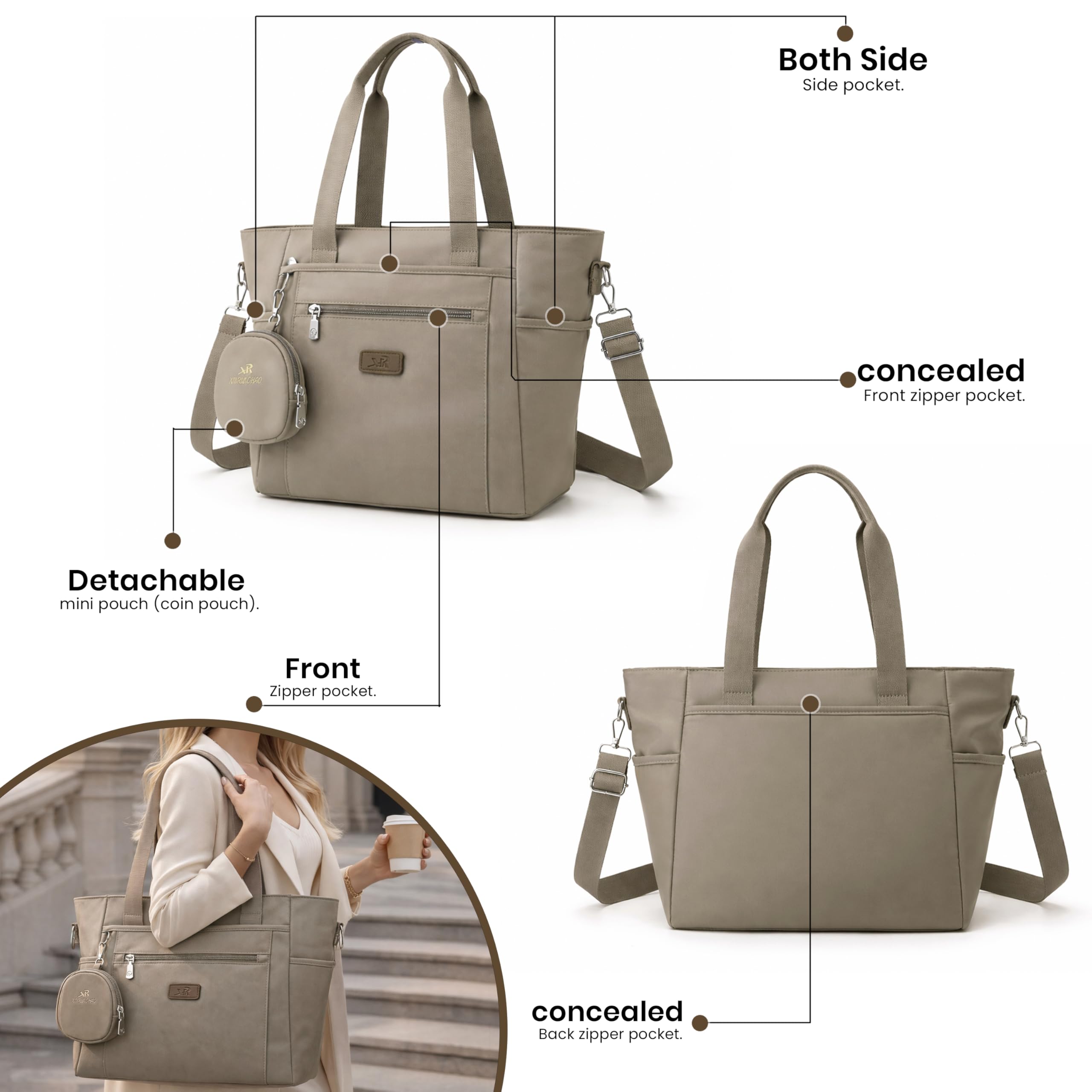 Storite Tote Bag for Women with Coin Pouch Lightweight Purse Large Capacity Multi Pocket Shoulder Handbag for Work Office Travel Everyday Use (Cement Ash, 30x15x27cm)