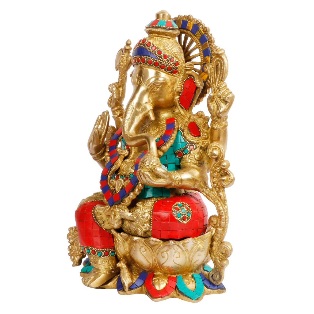 ARTVARKO Ganesha Idol Brass with Multicolor Stone Handwork Ganesh Bhagwan Large Statue God Ganpati Murti 12 Inch