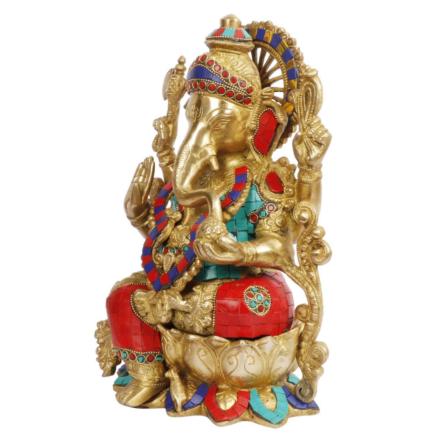 ARTVARKO Ganesha Idol Brass with Multicolor Stone Handwork Ganesh Bhagwan Large Statue God Ganpati Murti 12 Inch